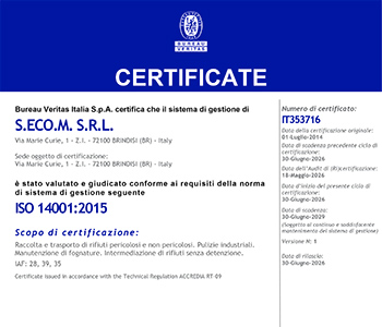 Sistema ambientale certificato ISO 14001:2015